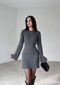 Damen Geripptes Strickkleid mit Rundhalsausschnitt und langen Ärmeln – Dunkelgrau