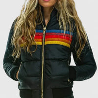 Damen Gesteppte Colorblock Jacke mit Streifen und Teddyfutter – Schwarz