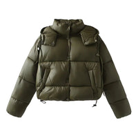 Damen Gesteppte Pufferjacke mit Kapuze Knopfverschluss und Kordelzug am Saum – Armygrün