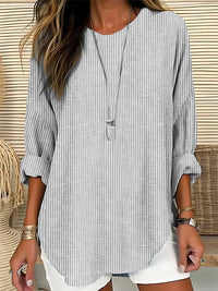 Charlotte | Damen Gestreifte Langarm-Bluse mit Rundhalsausschnitt Casual – Grau