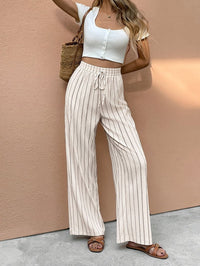 Lena | Damen Gestreifte Wide Leg Pants Leinenhose Elastischer Kordelzugbund – Aprikose