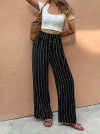 Lena | Damen Gestreifte Wide Leg Pants Leinenhose Elastischer Kordelzugbund – Schwarz