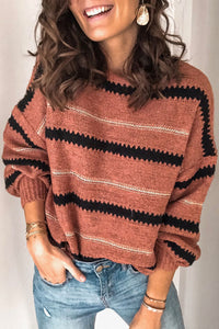 Damen Gestreifter Pullover mit Rundhalsausschnitt und Kontraststreifen – Rostrot