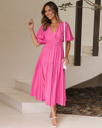 Damen Gestuftes Midikleid mit V-Ausschnitt und Puffärmeln – Rosa