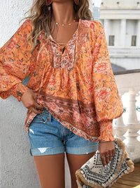 Damen Hemd mit Blumenmuster und V-Ausschnitt – Orange