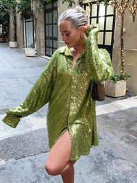 Damen Hemdbluse mit Paillettenbesatz Hemdkragen Langen Ärmeln und Knopfverschluss – Hellgrün