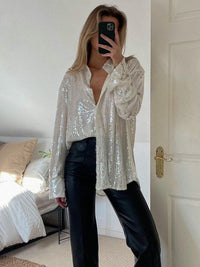 Damen Hemdbluse mit Paillettenbesatz Hemdkragen Langen Ärmeln und Knopfverschluss – Weiß