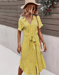 Damen Hemdblusenkleid mit Knopfleiste Bindegürtel Kurzen Ärmeln und Blumenmuster in Midilänge – Gelb