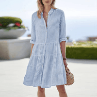 Damen Hemdblusenkleid mit Kragen Knopfleiste Langen Ärmeln Streifenmuster und Stufensaum – Blau