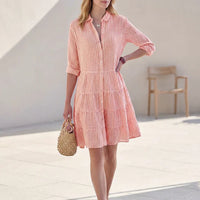 Damen Hemdblusenkleid mit Kragen Knopfleiste Langen Ärmeln Streifenmuster und Stufensaum – Orange