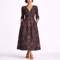 Elisabeth | Damen Herbst Hochzeitsgast Blumen Maxi-Kleid V-Ausschnitt Leinen – Mehrfarbig