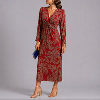 Sophie | Damen Herbst Hochzeitsgast Kleid Boho Blumen Twist Midi V-Ausschnitt – Rot