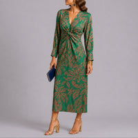 Sophie | Damen Herbst Hochzeitsgast Kleid Boho Blumen Twist Midi V-Ausschnitt – Grün
