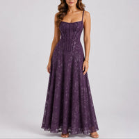 Marlene | Damen Herbst Hochzeitsgast Maxi Kleid Blumen Korsett Träger – Lila