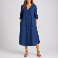 Charlotte | Damen Herbst Hochzeitskleid Langarm Hemdblusenkleid Midi Knopfleiste – Blau
