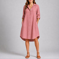 Charlotte | Damen Herbst Hochzeitskleid Langarm Hemdblusenkleid Midi Knopfleiste – Rosa
