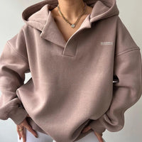 Damen Hoodie mit Kapuze V-Ausschnitt Polokragen und Bündchen – Braun