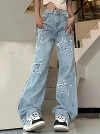 Damen Hose mit hohem Bund und Sternapplikationen – Hellblau