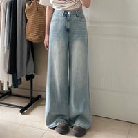 Damen Hose mit Weitem Bein Knopfverschluss Fronttaschen und Gürtelschlaufen – Hellblau