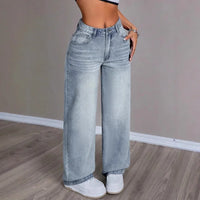 Damen Hose mit Weitem Bein Knopfverschluss und Fronttaschen in Heller Waschung – Hellblau