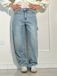 Damen Hose mit weitem Bein Strassbesatz Seitentasche mit Klappe und Knopfverschluss – Blau