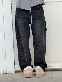 Damen Hose mit weitem Bein Strassbesatz Seitentasche mit Klappe und Knopfverschluss – Schwarz