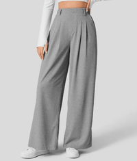 Damen Hose mit weitem Bein und Falten an der Vorderseite – Grau