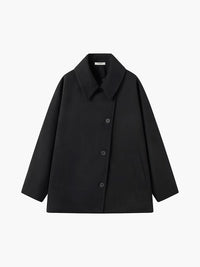 Damen Jacke mit Knopfleiste Reverskragen Aufgesetzten Taschen und Kontrastbündchen – Schwarz