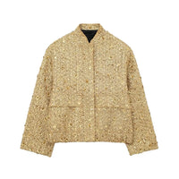 Damen Jacke mit Stehkragen und Pailletten und Klappentaschen – Gold