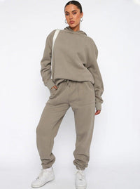 Damen Jogging-Set mit Hoodie Kapuze Kordelzug und gerader Hose – Khaki
