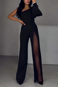 Damen Jumpsuit mit Ein-Schulter-Träger Langarm Weitem Bein und Netzeinsatz – Schwarz