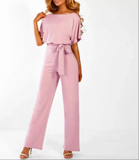 Damen Jumpsuit mit gerafften Ärmeln und Bindegürtel – Rosa