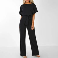 Damen Jumpsuit mit gerafften Ärmeln und Bindegürtel – Schwarz