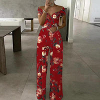 Damen Jumpsuit mit Off-Shoulder-Ausschnitt und Wickeloberteil mit weitem Bein – Rot mit Blumendruck