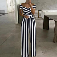 Damen Jumpsuit mit Off-Shoulder-Ausschnitt und Wickeloberteil mit weitem Bein – Weiß-Marine mit Streifen