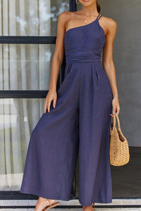 Damen Jumpsuit mit One-Shoulder-Träger und weitem Bein – Blau