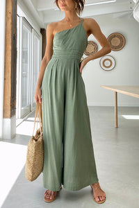 Damen Jumpsuit mit One-Shoulder-Träger und weitem Bein – Hellgrün
