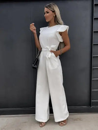 Damen Jumpsuit mit Rüschenärmeln und Bindegürtel – Weiß