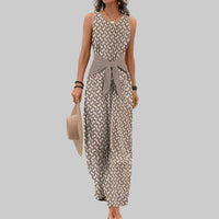 Damen Jumpsuit mit V-Hals Kontrastgürtel Weitem Bein und Geometrischem Muster – Beige