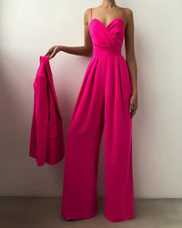 Damen Jumpsuit mit Wickeloberteil Spaghettiträgern Herzausschnitt und Weitem Hosenbein – Rosa