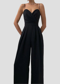Damen Jumpsuit mit Wickeloberteil Spaghettiträgern Herzausschnitt und Weitem Hosenbein – Schwarz