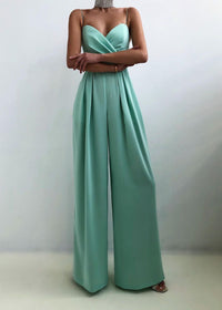 Damen Jumpsuit mit Wickeloberteil Spaghettiträgern Herzausschnitt und Weitem Hosenbein – Türkis