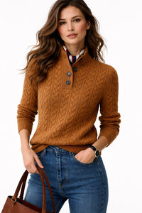 Elisabeth | Damen Kabelstrick Wollmix Rollkragen Sweater mit Knopfleiste – Braun