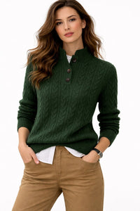 Elisabeth | Damen Kabelstrick Wollmix Rollkragen Sweater mit Knopfleiste – Grün