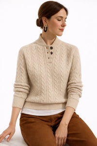 Elisabeth | Damen Kabelstrick Wollmix Rollkragen Sweater mit Knopfleiste – Khaki
