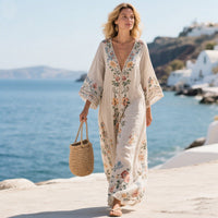 Damen Kaftan-Maxikleid mit V-Ausschnitt weiten Ärmeln Blumenmuster und Zierborte – Hellbeige