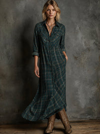 Emilia | Damen Kariertes Flanell Maxi-Hemdblusenkleid Formal Dresses – Grün