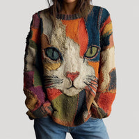 Annika | Damen Katzen-Motiv Bunter Strickpullover Rundhals Relaxed Fit – Mehrfarbig