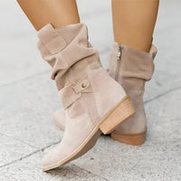 Frieda | Damen Knee High Boots Wildlederimitat Schlupfstiefel mit Blockabsatz – Beige
