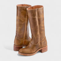Mia | Damen Kniehohe Lederstiefel im klassischen Western-Stil – Hellbraun